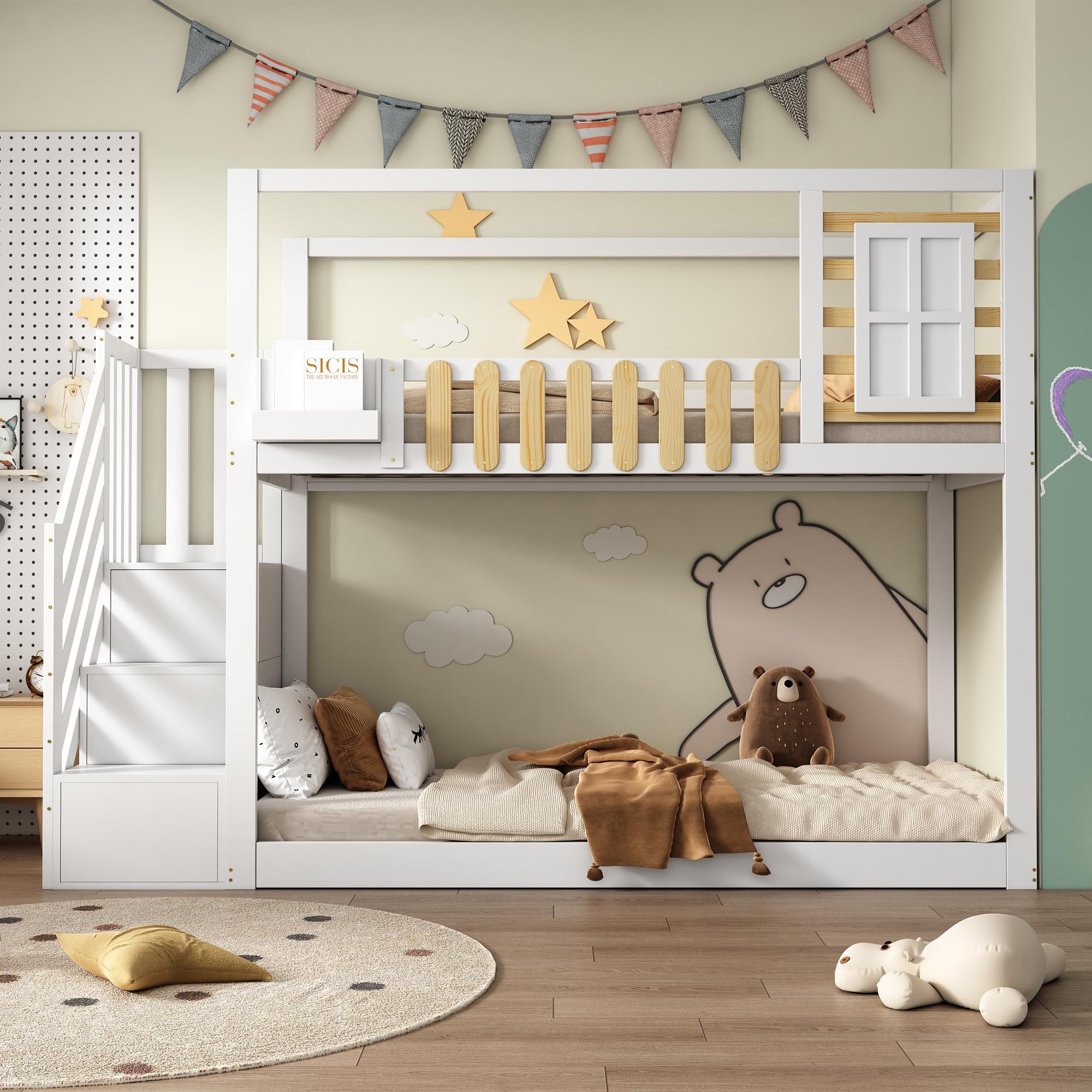 AIORBER Etagenbett mit Treppe, Fenster und Regalkasten, Kinderbett mit Stauraum und Fallschutz, Massivholzrahmen 90x200cm - Weiß+Natur