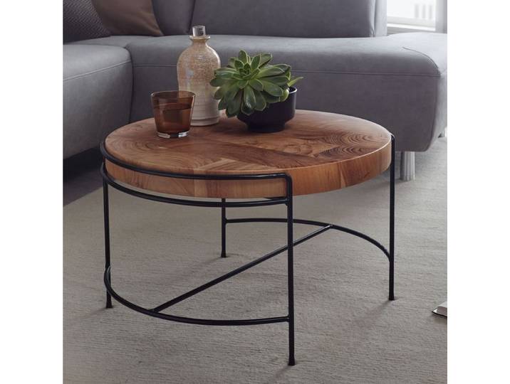 WOHNLING Table Basse Ronde 62x62x40 cm Bois Massif Acacia Pieds en Métal