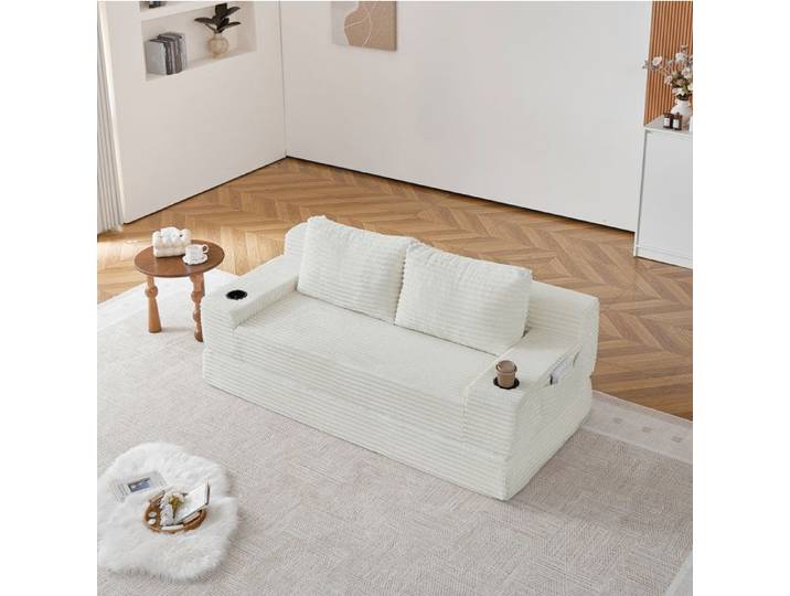 Modenuit Canapé-lit convertible 2 places en velours côtelé beige avec porte-gobelets et rangements