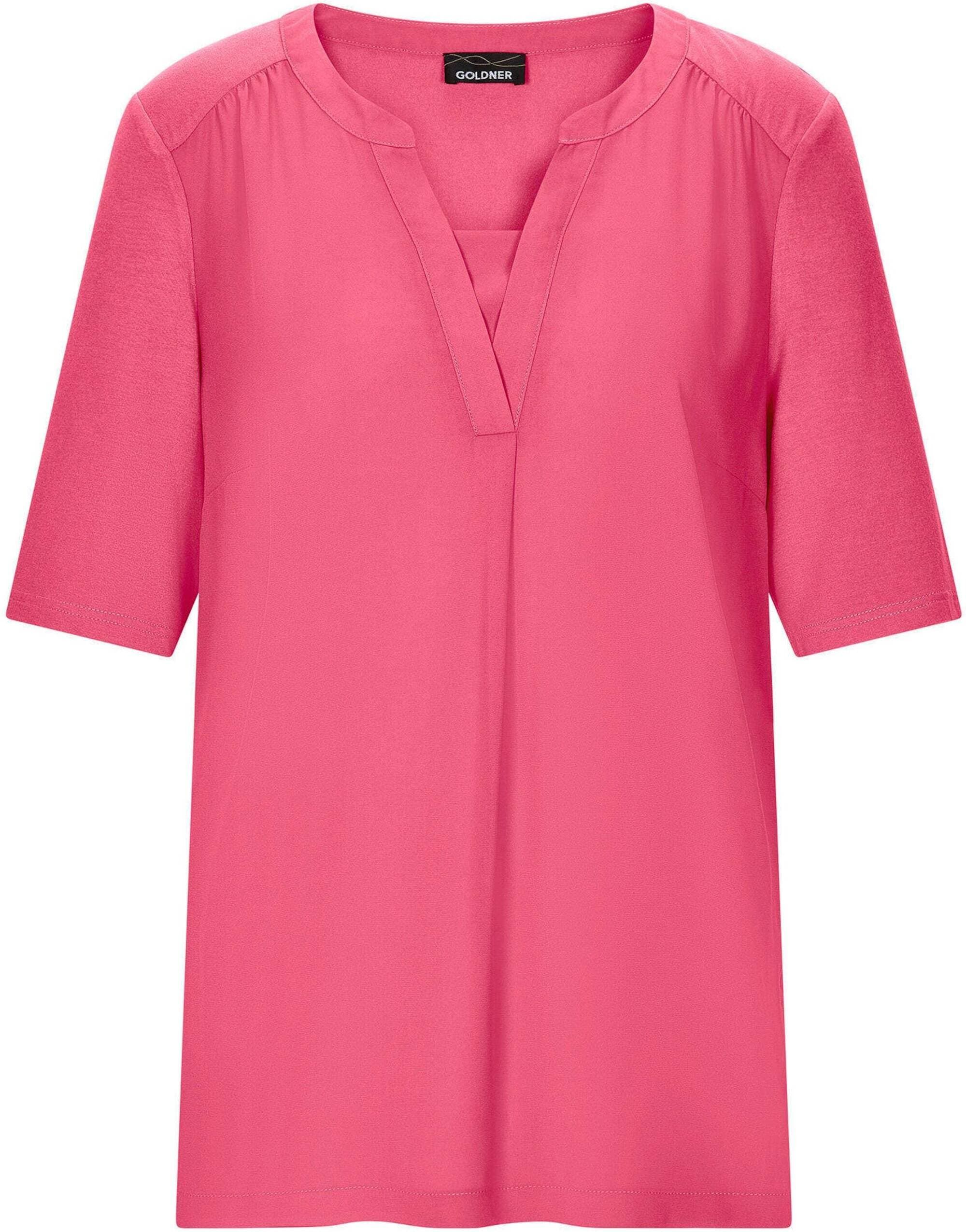 Kurzarmbluse GOLDNER "Chiffonbluse mit Jersey-Rückteil", Damen, Gr. 40, pink, Obermaterial: 95% Viskose CV. 5% Elasthan EL., figurumspielend, Blusen Kurzarmbluse, Gekräuselte Schulterpartie
