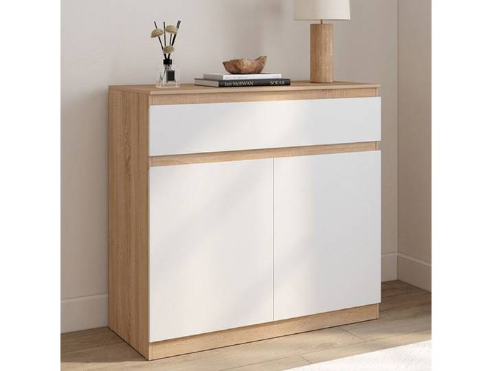 IDMARKET Armoire à chaussures 12 paires TOMI 2 portes et 1 tiroir façon hêtre et blanc