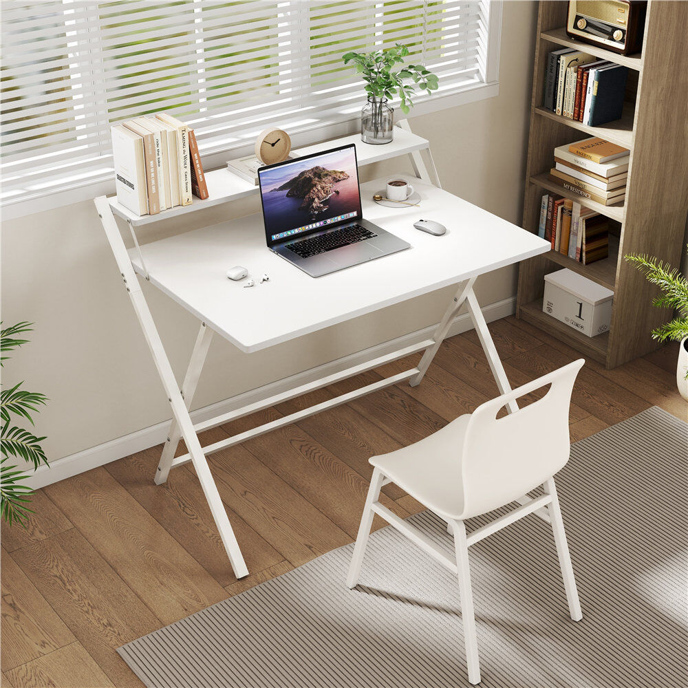 17 Stories 2-Tier Foldable Computer Desk White 90cm. H x 106.5cm. W x 60.5cm. D