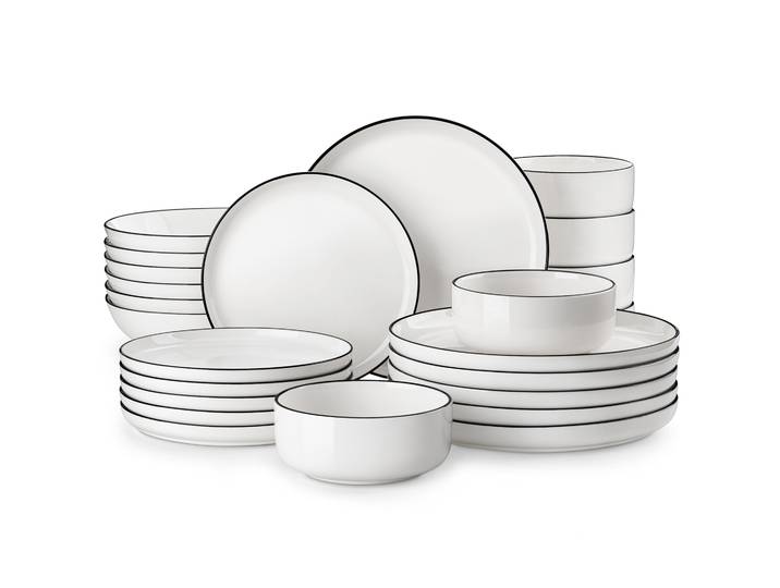 MALACASA 24/48 pièces assiettes en céramique bord noir ensemble de vaisselle en porcelaine 6/12 pièces assiettes à dîner/soupe/dessert/Service de bol pour 6/12