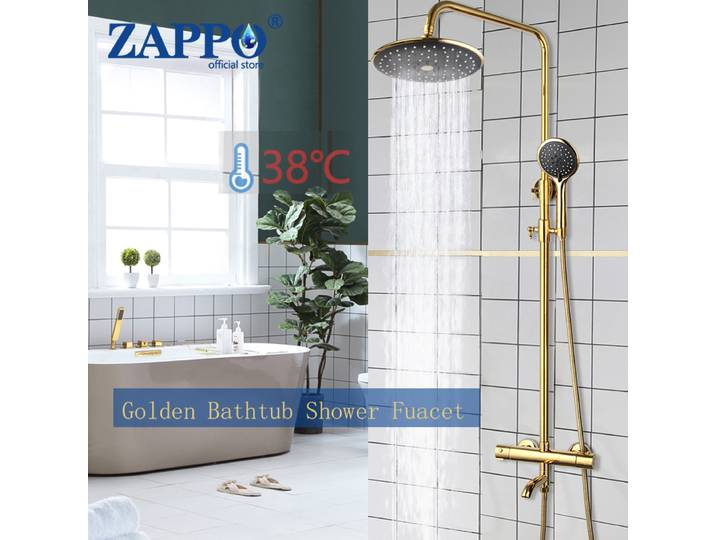 Ensemble de robinetterie de douche thermostatique ZAPPO, douche à effet pluie, eau chaude et froide, système de douche doré, mitigeur thermostatique pour baignoire avec douchette à main