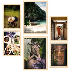 POSTER Set Mit 6 Herbst In Thailand Reisfelder Buddhismus & Kultur A3 & A4 Rahmen Aus Hellem Holz