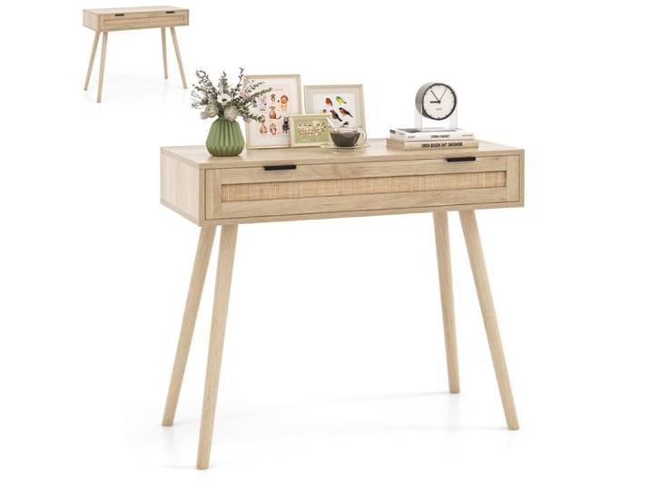 DREAMADE Table Console Table d'Entrée en Bois Style Bohème Moderne avec Tiroir en Rotin et Dispositifs Anti-basculement 88x40x77cm