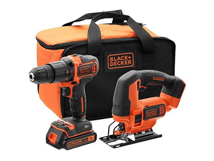 BLACK+DECKER BCK22S1S-QW Kit Perceuse à percussion et Scie sauteuse sans fil - Livré en sac de rangement\, 18V\, 1 Batteries Orange