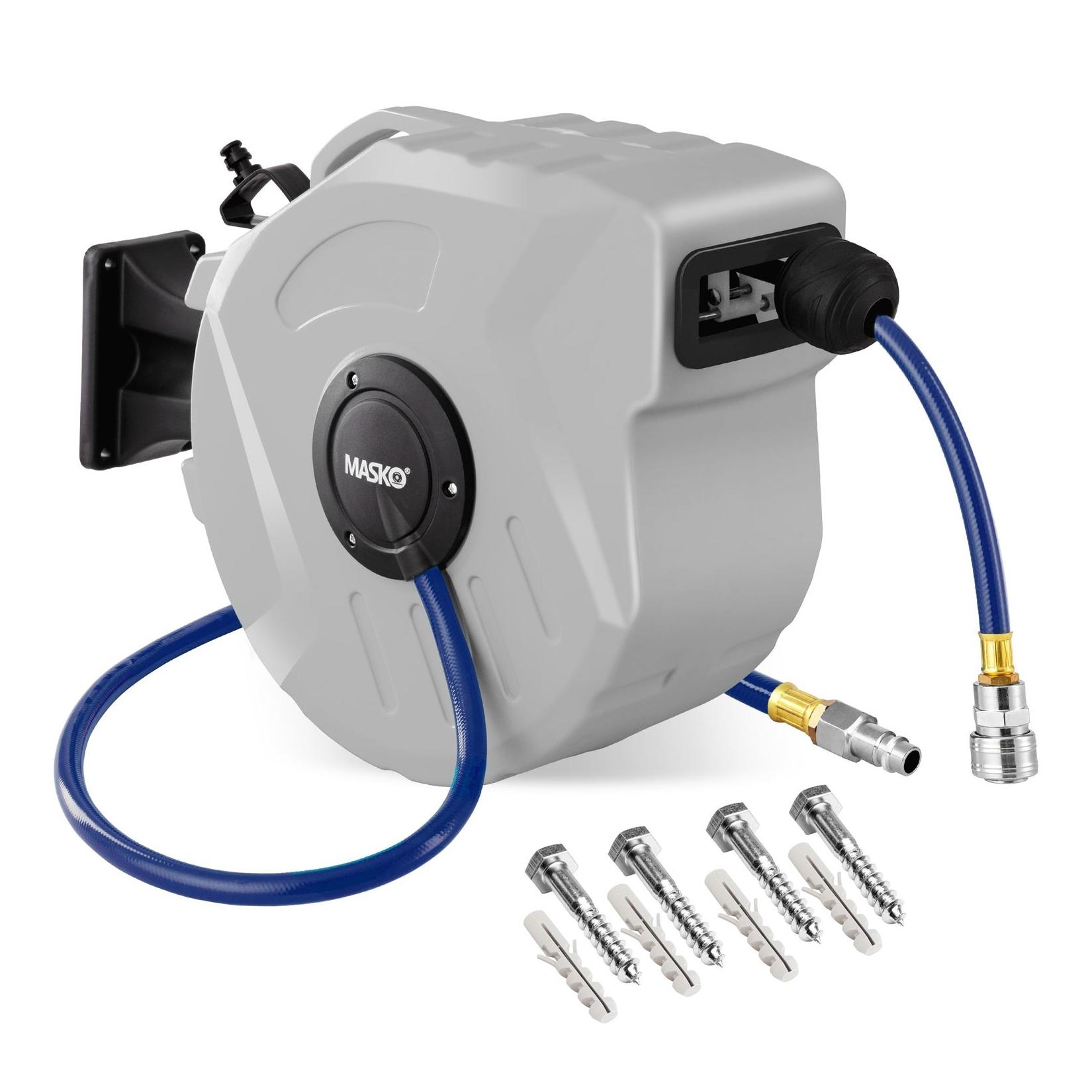 MASKO® Automatik Druckluftschlauch Aufroller – Schlauchtrommel mit 1/4" Anschluss, Schlauchaufroller, Wandhalterung, Tragegriff, 180° schwenkbar, Schlauchbremse, vormontiert & sofort einsatzbereit