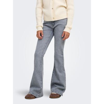 Bootcut-Jeans KIDS ONLY "KOGJUICY REG FLARED REA708 DNM NOOS", Mädchen, Gr. 122, N-Gr, grau (medium grau denim), Denim/Jeans, Obermaterial: 99% Baumwolle, 1% Elasthan, unifarben, ausgestellt lang, Jeans, Baumwollmischung, ausgestellt