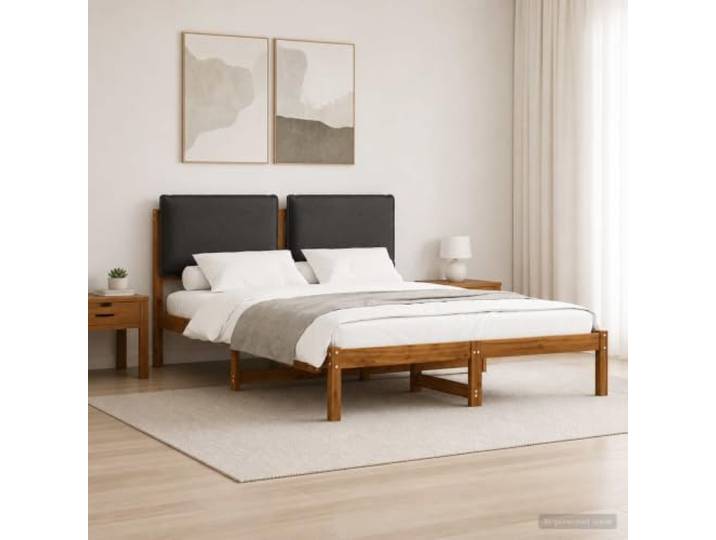 Bettgestell aus massivem Akazienholz mit gepolstertem Kopfteil Massives Akazienholz, gepolstertes Kopfteil aus Stoff, Bezug abnehmbar und waschbar, rechteckiges Design