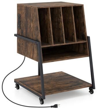 Costway Record Player Stand on Wheels Rolling Turntable Stand with Power Outlets-Rustic Brown