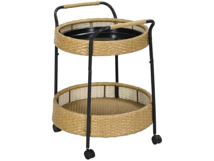 Outsunny Servierwagen, Rattan Trolley mit 2 Regalen, Φ50 x 66 cm, Natur Runde Küchenwagen, Gartenrollwagen mit Griffen, Outdoor Barwagen für Balkon, Teewagen, Stahlrahmen