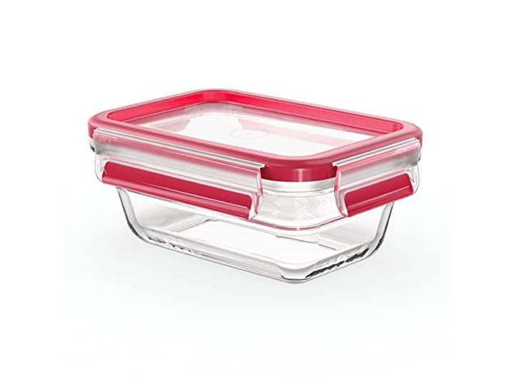 EMSA Clip & Close Glas Frischhaltedose, rechteckig, 0,45 L, 100 Prozent dicht, rutschfestes Stapeln, Glasbehälter spülmaschinen-, gefrier-, backofen-, mikrowellenfest, Rot, Transparent, N10405