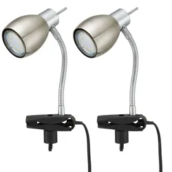 Klemmlampe nickel matt Klemmleuchte Klemmlampe LED mit Stecker, Tischleuchte Leselampe, Spot beweglich, Metall schwarz, 1x LED 3W 250Lm 3000K, HxA 17,5x12cm, 2er Set