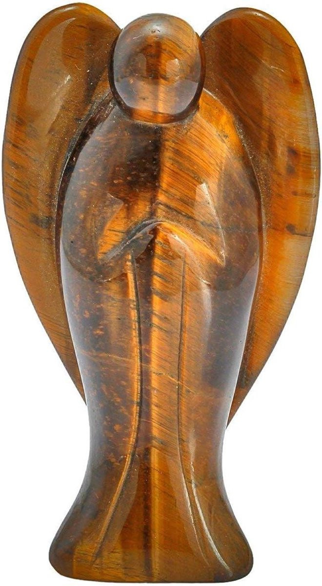 Handgesneden Kristallen Engel Beeldje van Tijgeroog - Pocket Beschermengel Decoratie - 7,62 cm