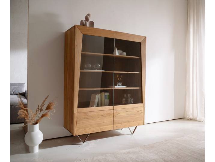 Buffet haut Kayu 115x150 cm acacia naturel 2 portes vitrées pied en V