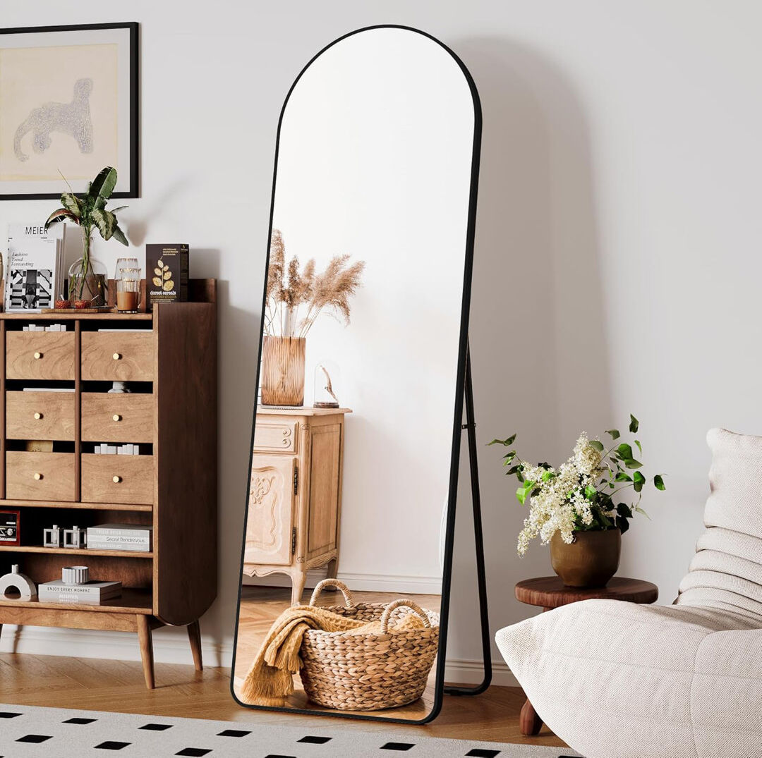 17 Stories Roseana Arch Freestanding Full Length Mirror with Hooks Black 167cm H X 58cm W X 6cm D