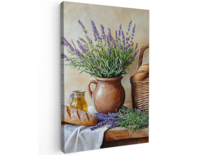 MuchoWow Leinwandbild - Lavendel - Brot - Stilleben - 80x120 - Wanddeko, Flieder, Textil, Kiefer, Abstrakt, Rechteckig, 80x120 cm, gerahmt, Bilder & Rahmen, Bilder, Wandbilder