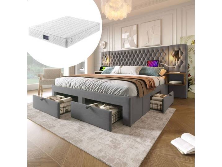 Ensemble Lit 160x200-Matelas-LED Velours Gris-Tables Nuit Tiroirs-Confort-Élégant-Fonctionnel-Design Moderne-Complet