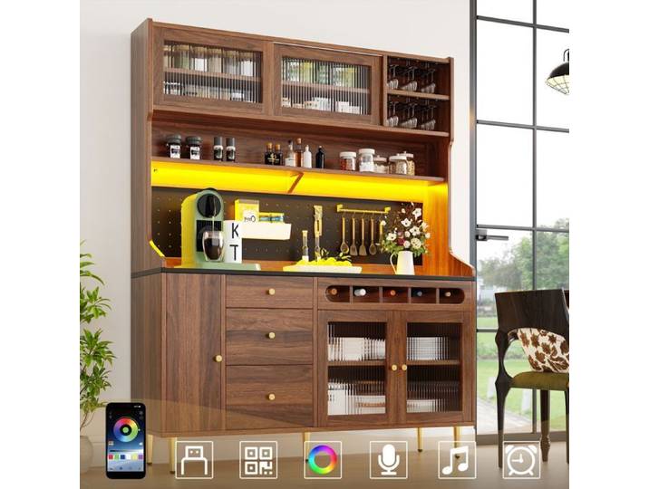 Vitrine - SOGEU - 150x40x170 cm - Finition noyer - Tablettes ajustables - Éclairage LED