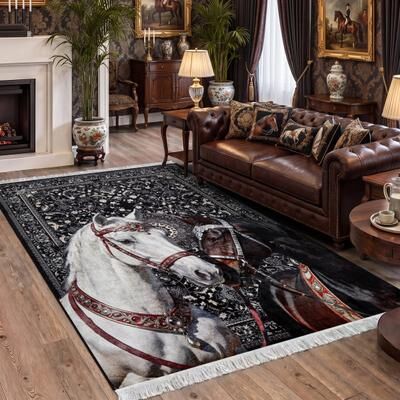 Bluebell Boho Horse Print Area Rug with Tassels, Washable Soft Flannel Non-Slip - 5' x7'