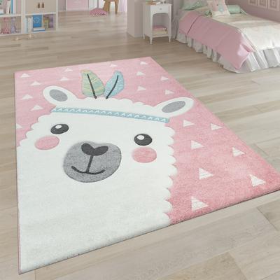 Paco Home Cute Kids Rug with happy Llama for Nursery in Pink White and Grey
