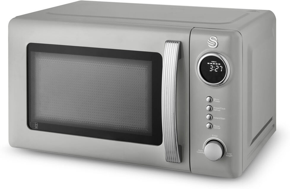 Retro Swan Retro 20L Digital Microwave, 5 Power Levels, 12 Auto Cook Pre-sets, Defrost by Weight or Time, LED Display, 800W Grey 29.5cm H X 49.5cm W X 36.5cm D