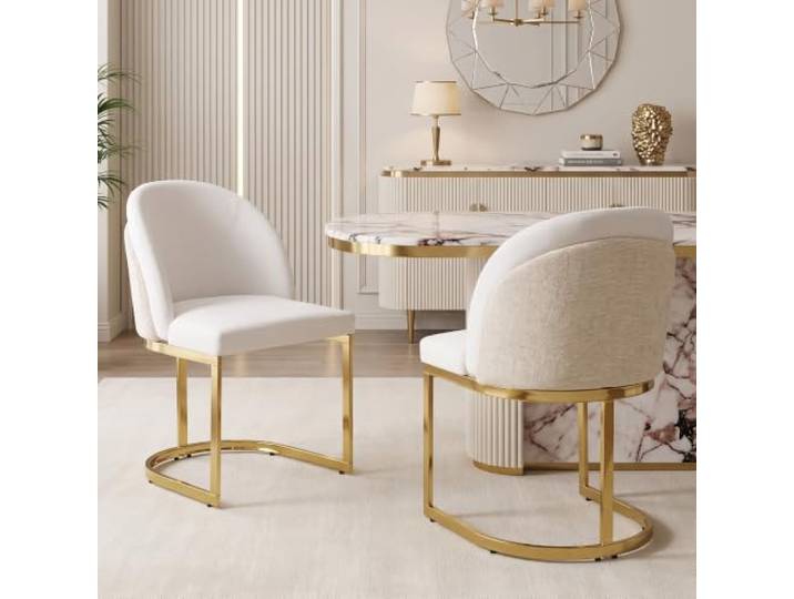 Aunvla 2 Esszimmerstühle, bequem und atmungsaktiv, geeignet für Restaurants, Wohnzimmer, Cafés und andere Orte, moderner Stil, goldfarben galvanisierte Stuhlbeine, Chenille-Stoff, Beige + Gold