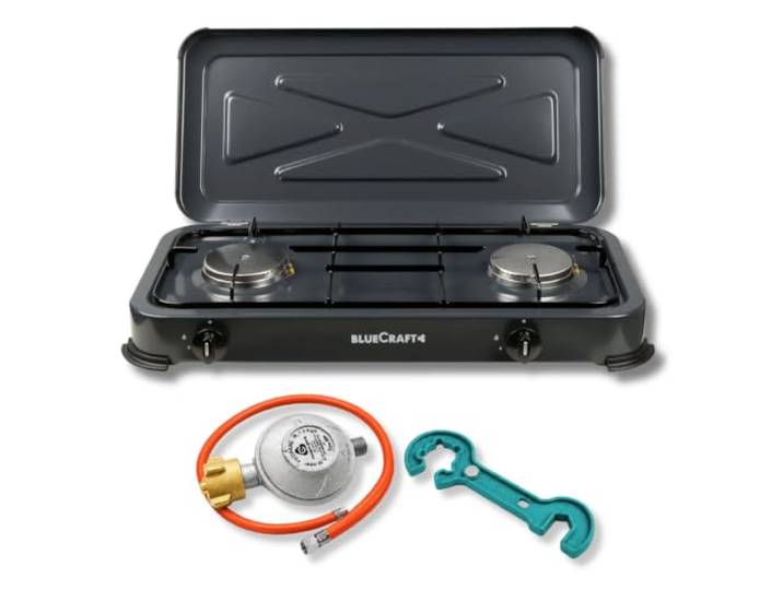 Bluecraft Gaskocher Camping 2 flammig mit Zündsicherung, Schlauch & Regler Campingkocher mit 4,4 kW Leistung, Druckminderer, Gasschlauch & Gasflaschenschlüssel für Outdoor, Notfall, Garten & Wohnmobil