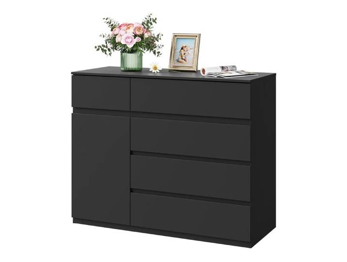 Commode Noir - 5 Tiroirs et 1 Placard - 100x40x80cm - WOLTU Meuble pour Chambre Salon Entrée