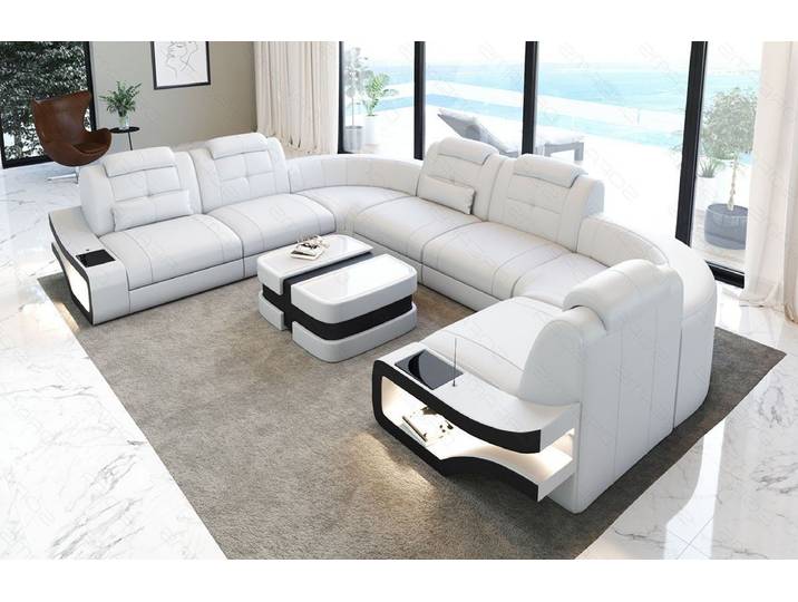 Sofa Dreams Wohnlandschaft Leder Couch Sofa Elena U Form Ledersofa, U-Form Ledersofa mit LED-Beleuchtung