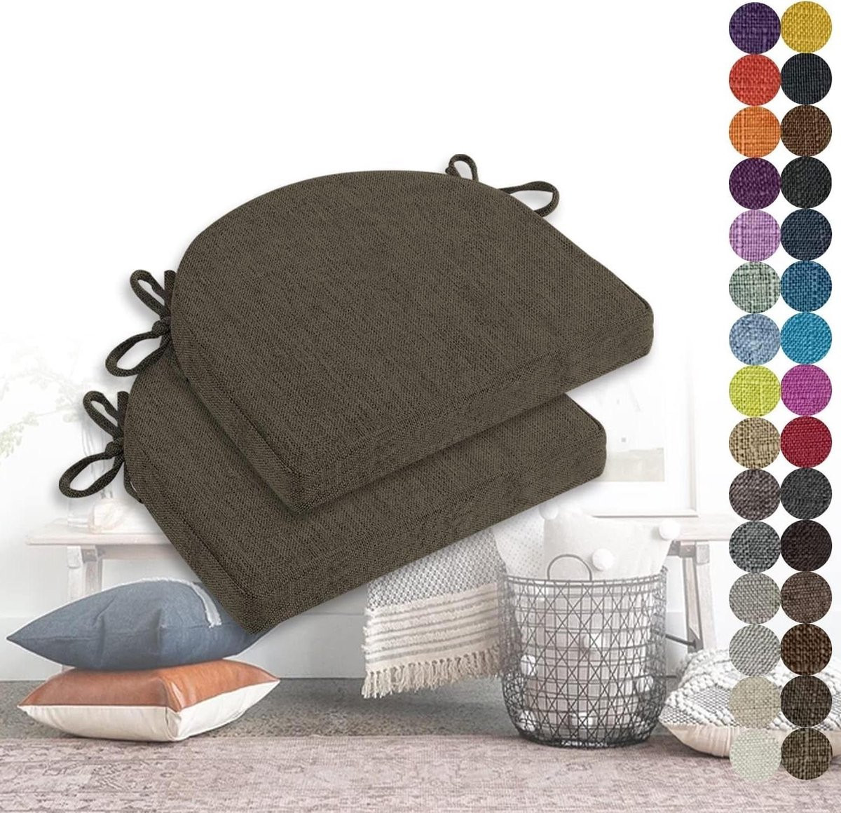Set van stoelkussens met bevestigingsbanden en dubbel anti-slip ontwerp, 43 x 42 x 8 cm