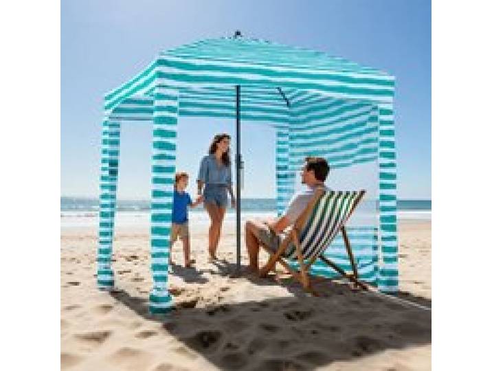 VEVOR Strand-Cabana 183 x 183 cm Strandüberdachung mit Seitenwand, UPF 50+ Sonnenschutz, Strandpavillon mit Sandsäcken, tragbarer Sonnenschutz Sonnenschirm für Familie, grüne Streifen