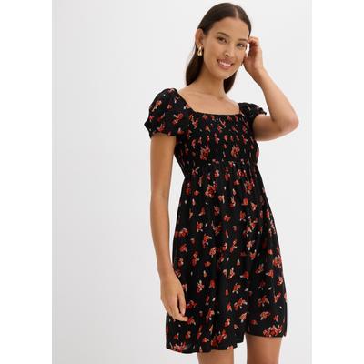 Minikleid BONPRIX, Damen, Gr. 42, N-Gr, schwarz (schwarz, weiß, tieforange bedruckt), Obermaterial: 100% Viskose, figurbetont, Kleider Minikleid, eleganter Stil, figurbetonte Passform, mit Smok-Details, aus Viskose