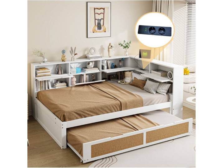 Lit gigogne multifonction 140x200 avec USB rangements intégrés blanc bois de pin VEVXYN