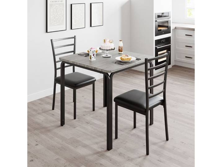 Ensemble repas gris 3 pièces petite table carrée avec 2 chaises plateau bois pieds métal cuisine appartement studio