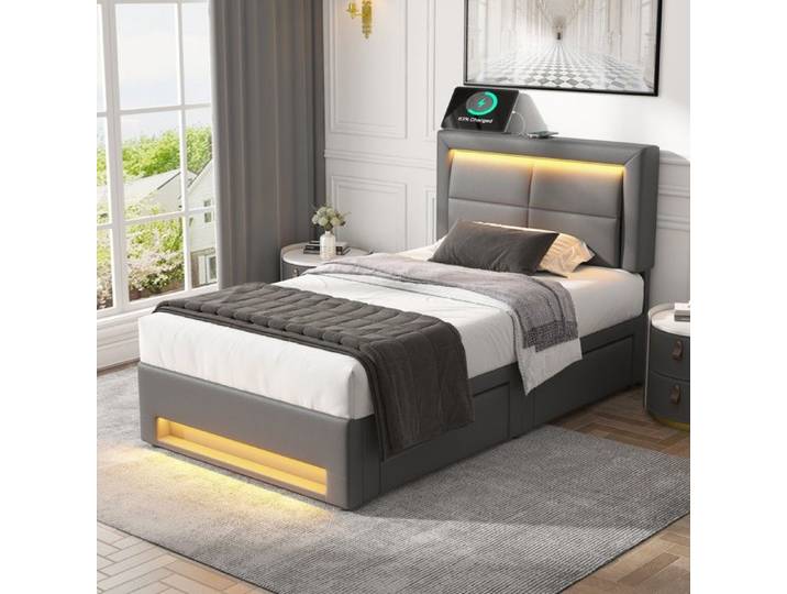 Lit coffre 90 x 190 cm EVRYAE avec USB recharge sans fil LED et 4 tiroirs sommier a lattes gris