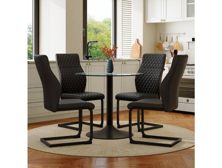 Table Ronde Verre 85cm Avec 4 Chaises Noires Set Industriel FloraGrace Pour Cuisine Entretien Facile Ø85x76cm-H100cm