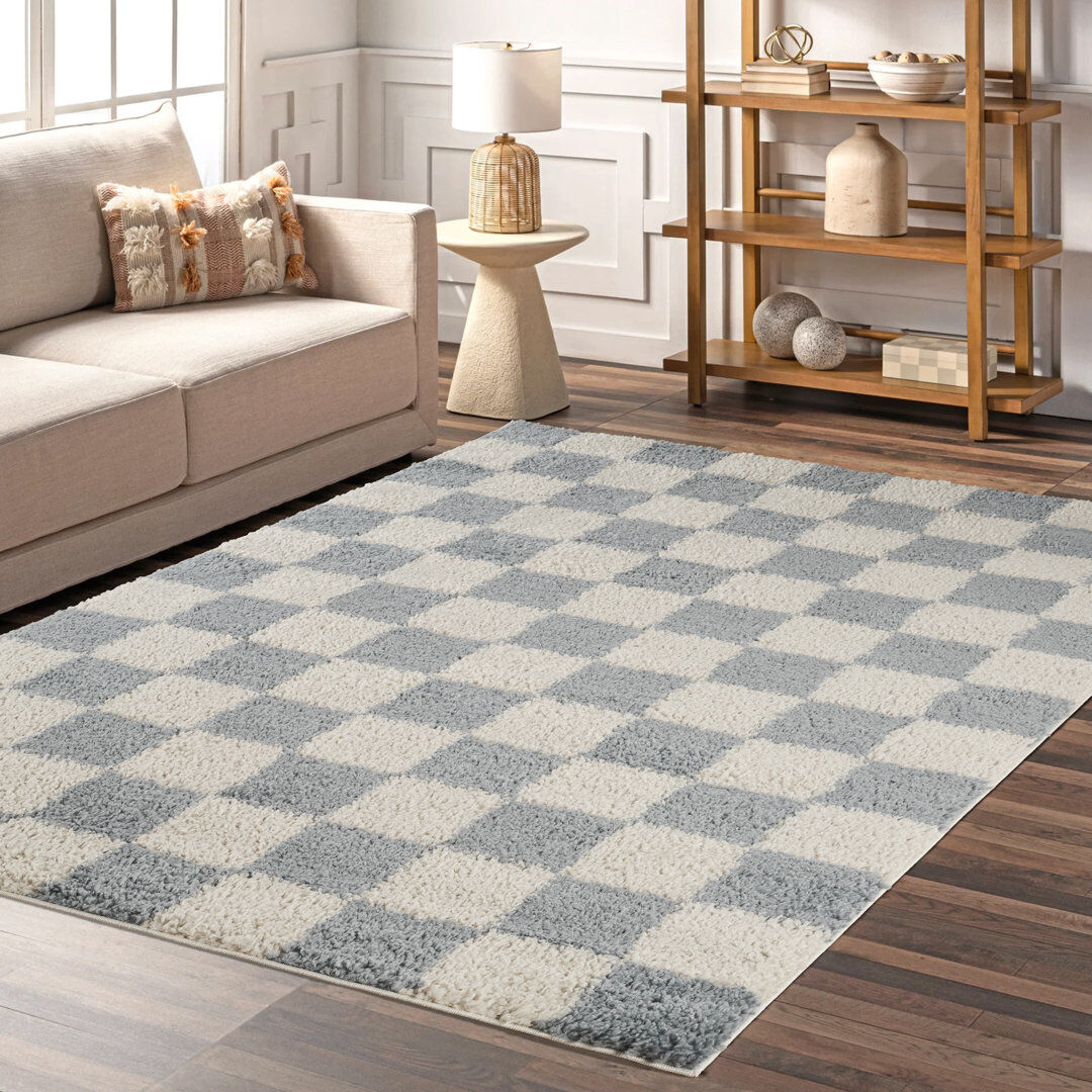 Ebern Designs Chester Living Room Shaggy Area Rug Modern - Contemporary Checkered Design 30Mm Plush Pile Jute Backing Soft Woven Carpet -Hallway Indoor Rug, Duck Eg Duck Egg Blue Runner 60 x 220 cm
