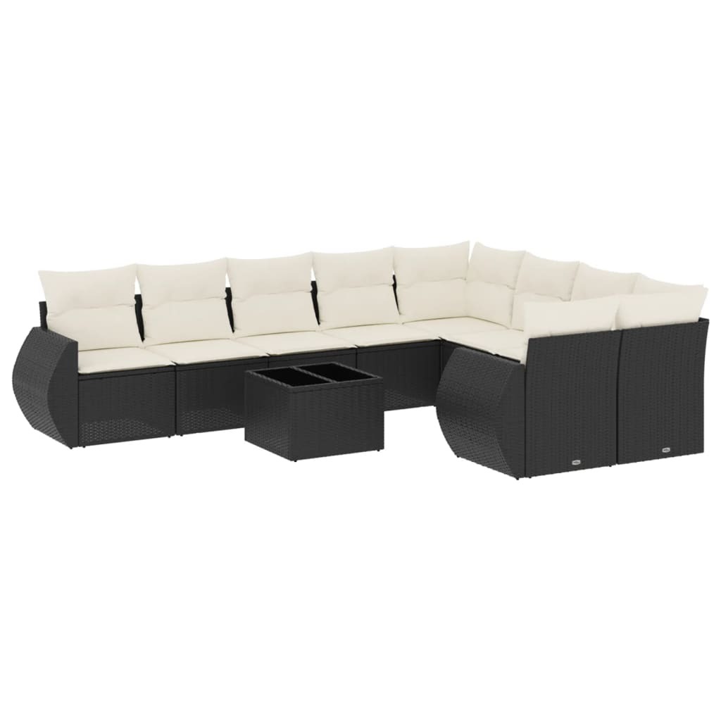 Modulares Gartensofa Set, 10-tlg. Loungemöbel mit Kissen, Schwarz, Poly Rattan & Stahl, Hartglas Tischplatte, UV-beständig