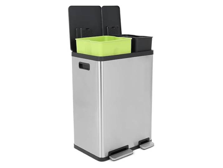 Simpli-Magic Rechteckiger Mülleimer mit zwei Fächern, 60 Liter, mit sanft schließendem Deckel, gebürsteter Edelstahl, 38 x 22 l Fassungsvermögen
