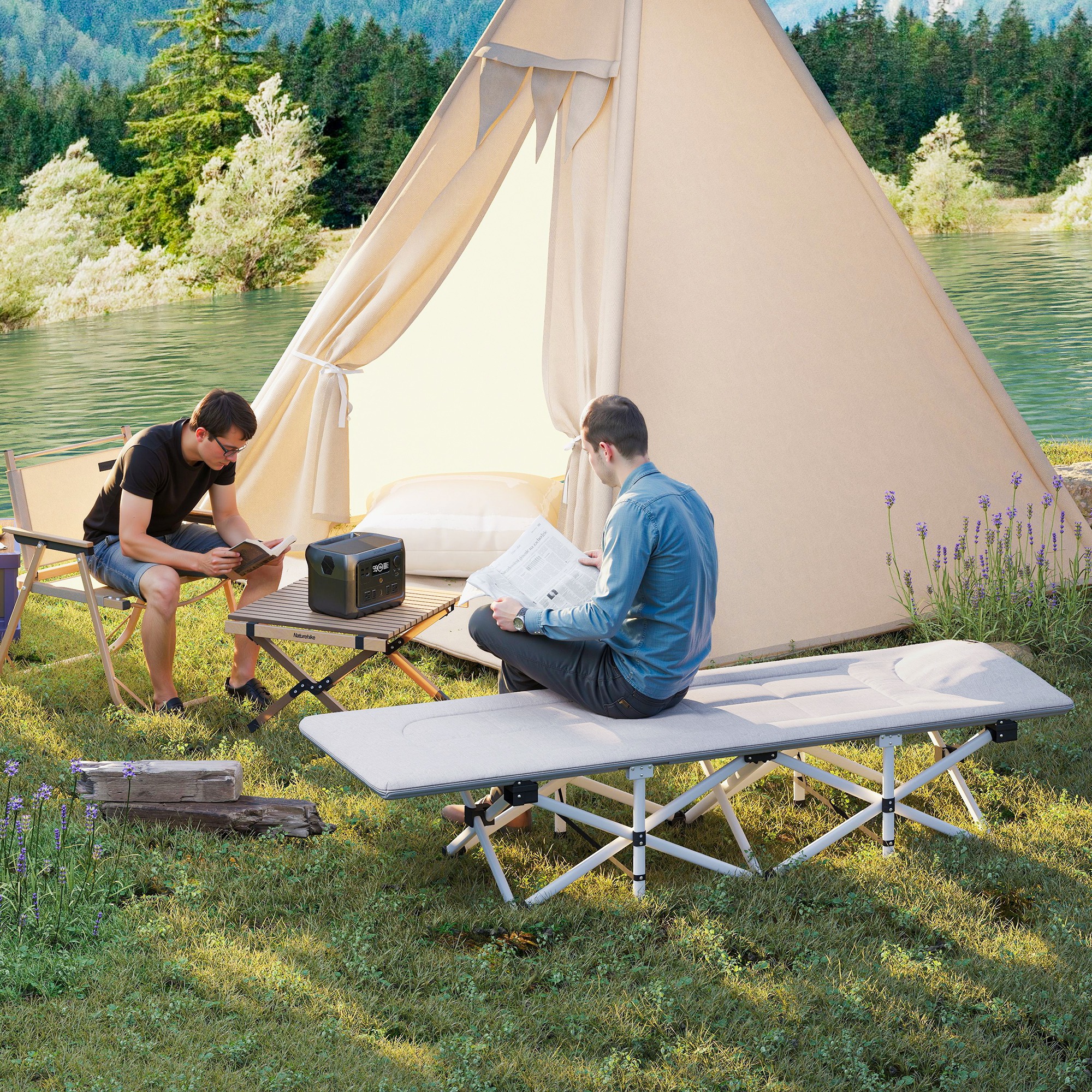 Outsunny Materassino per Campeggio con Poggiatesta e Tasca, in Acciaio e tessuto Oxford, 200x65x42 cm, Grigio Aosom