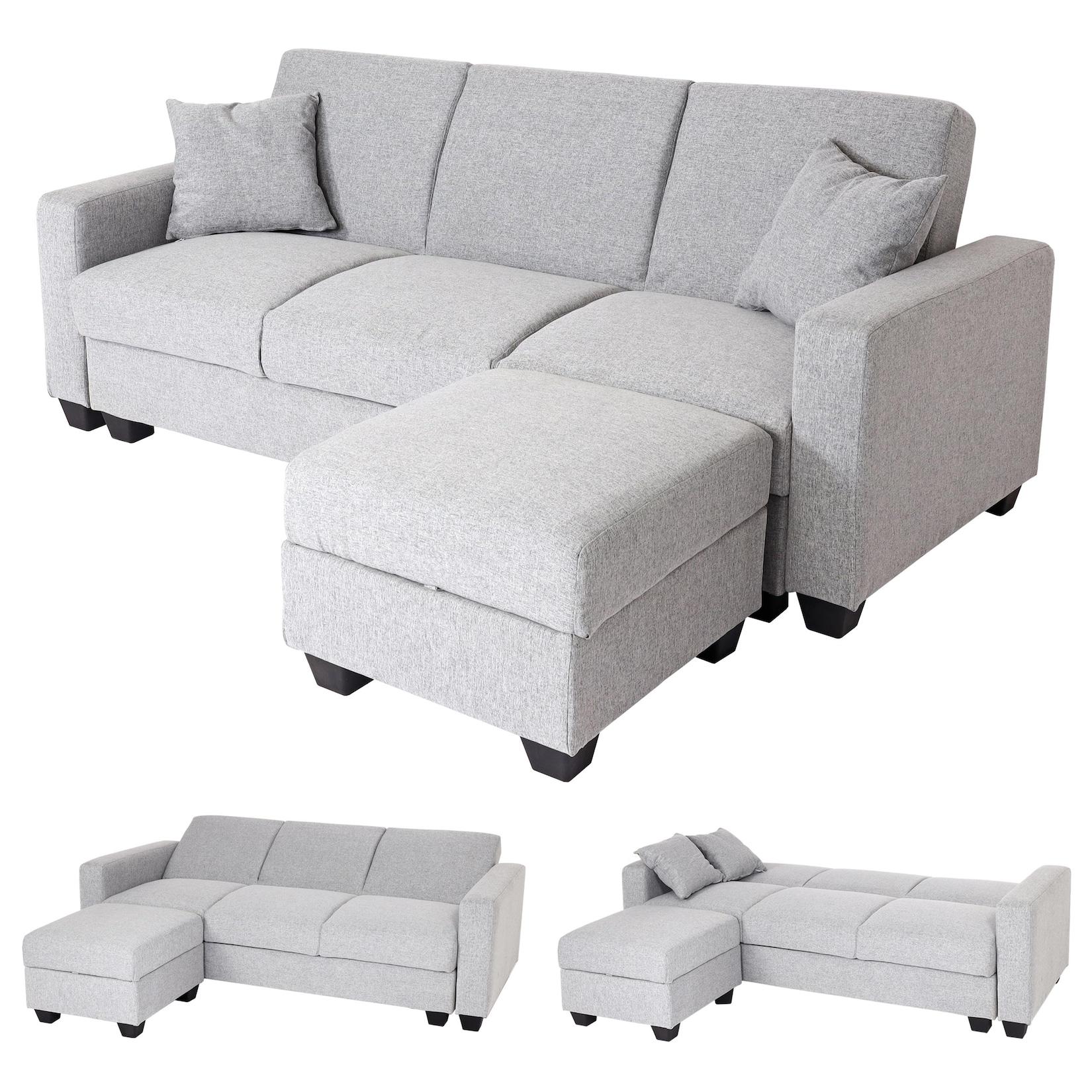 Sofa MCW-H47 mit Ottomane, Couch Sofa Gästebett, Schlaffunktion Stauraum 217x145cm ~ Stoff/Textil hellgrau