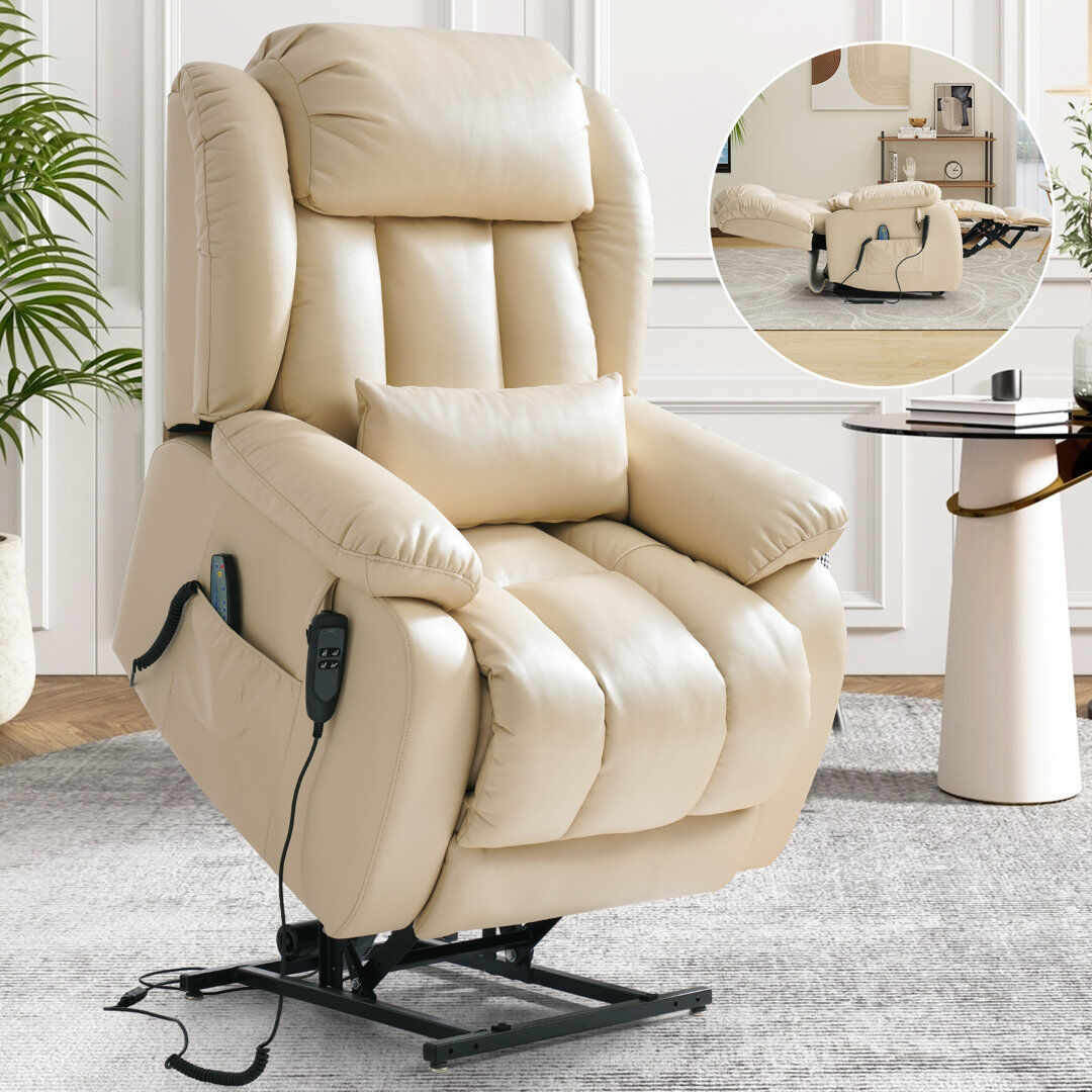 Ebern Designs Dual Motor Leather Power Lift Recliner, Infinite Position Lay Flat, Heat & Massage for Adult&Elderly Beige 105cm H X 100cm W X 102cm D