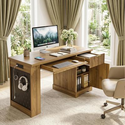 "55"" Modern Fluted Office Desk with Storage Cabinet & Drawers"