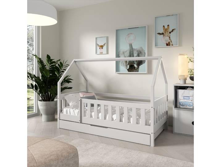 Kinderbett BELLA 80x160 Weiß mit Stauraum, Bodenbett mit Rausfallschutz & Lattenrost
