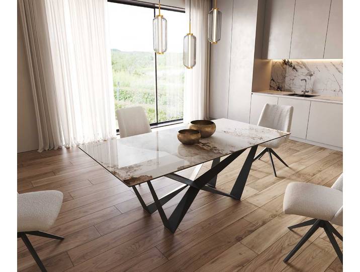 Esstisch Edge 200x100 Keramik Minas Melange Weiß-Beige Spider Flachstahl Schwarz, Esstische