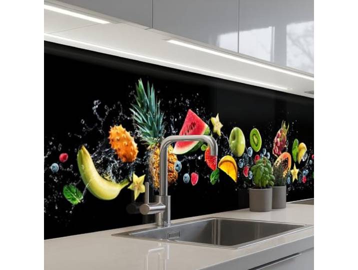 KitchenYeah© Rückwand Küche Rückwandschutz Selbstklebend Spritzschutz 80x400 cm - Küchenrückwand Küchenfront Küchen Selbstklebende Küchenrückwände Spritzer - Obst - Schwarz