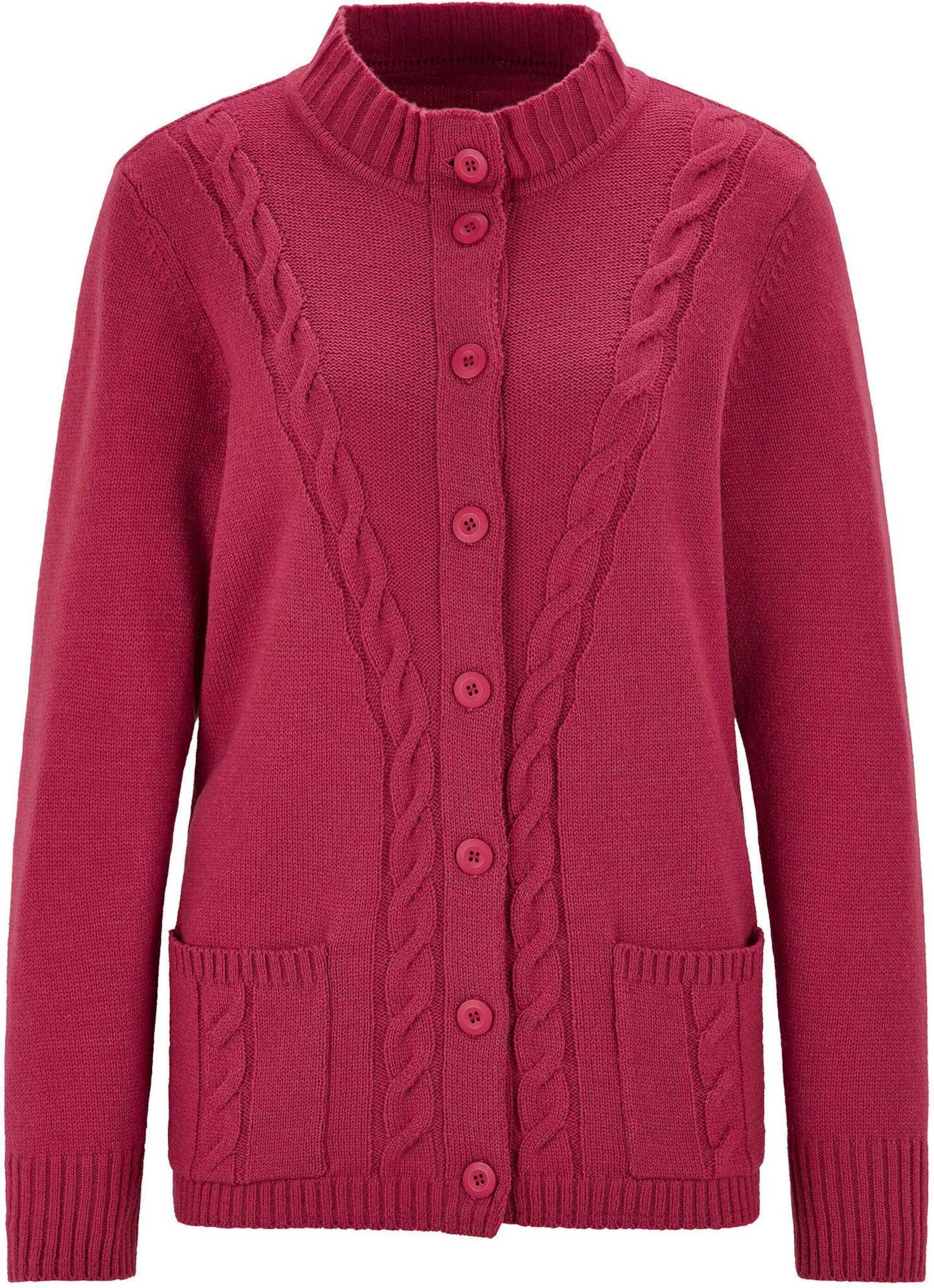 Strickjacke GOLDNER "Cardigan mit Zopfmuster", Damen, Gr. 42, rot (bordeaux), Obermaterial: 70% Polyacryl PAN. 30% Schurwolle WV., figurumspielend, Rippbündchen, Strickjacken Strickjacke, Zopfmuster im Vorderteilund aufgesetzte Taschen