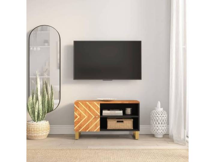 HEFZGDB TV-Schrank Braun und Schwarz 80x31,5x46 cm Massivholz Mango mit Stauraum und Eisenbeinen für Wohnzimmer